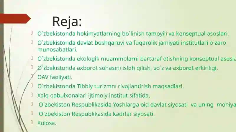O`zbekistonda axborot sohasini isloh qilish, so`z va axborot erkinligi. OAV faoliyati. O`zbekistonda Tibbiy turizmni rivojlantirish maqsadlari. Xalq qabulxonalari ijtimoiy institut sifatida 2