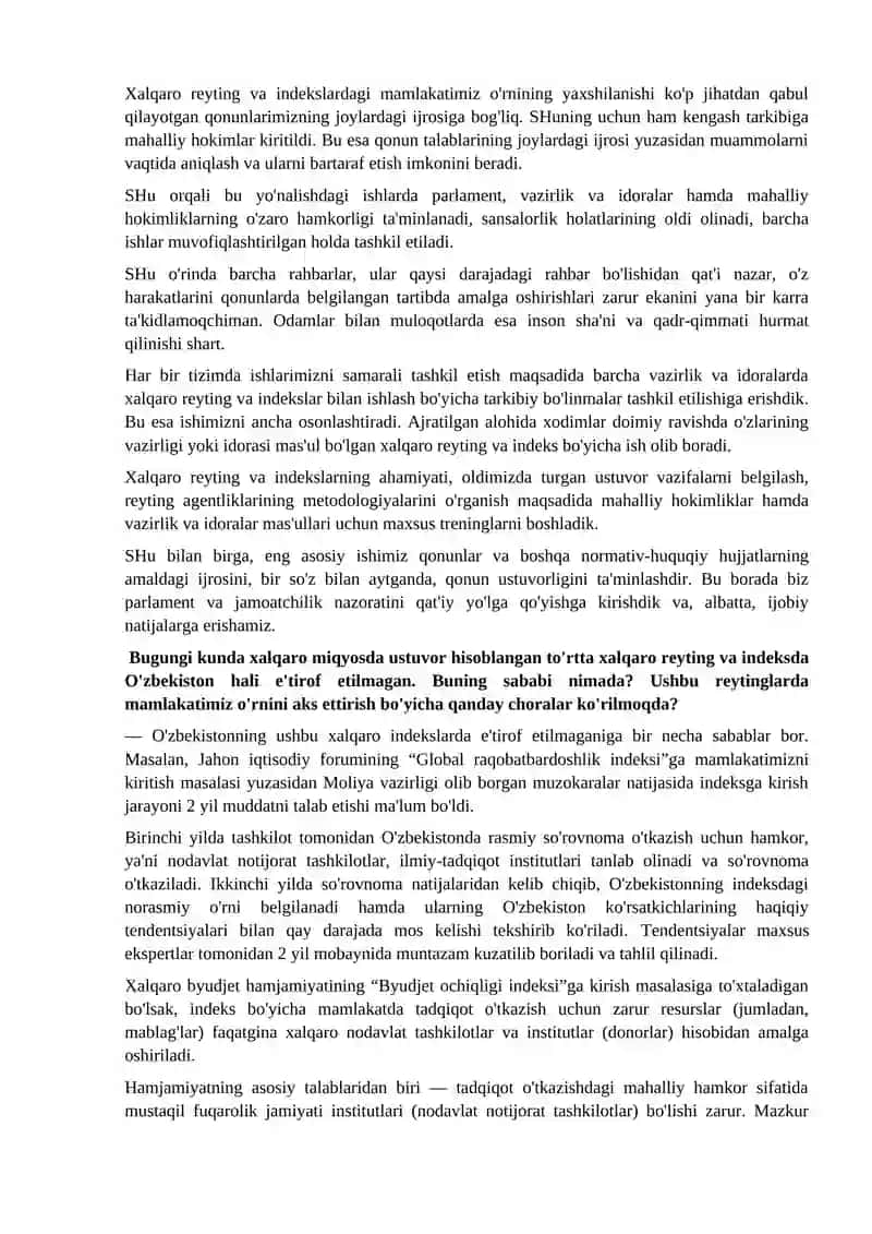 O'zbekiston Respublikasining Хalqaro reyting va indekslardagi o’rni 2