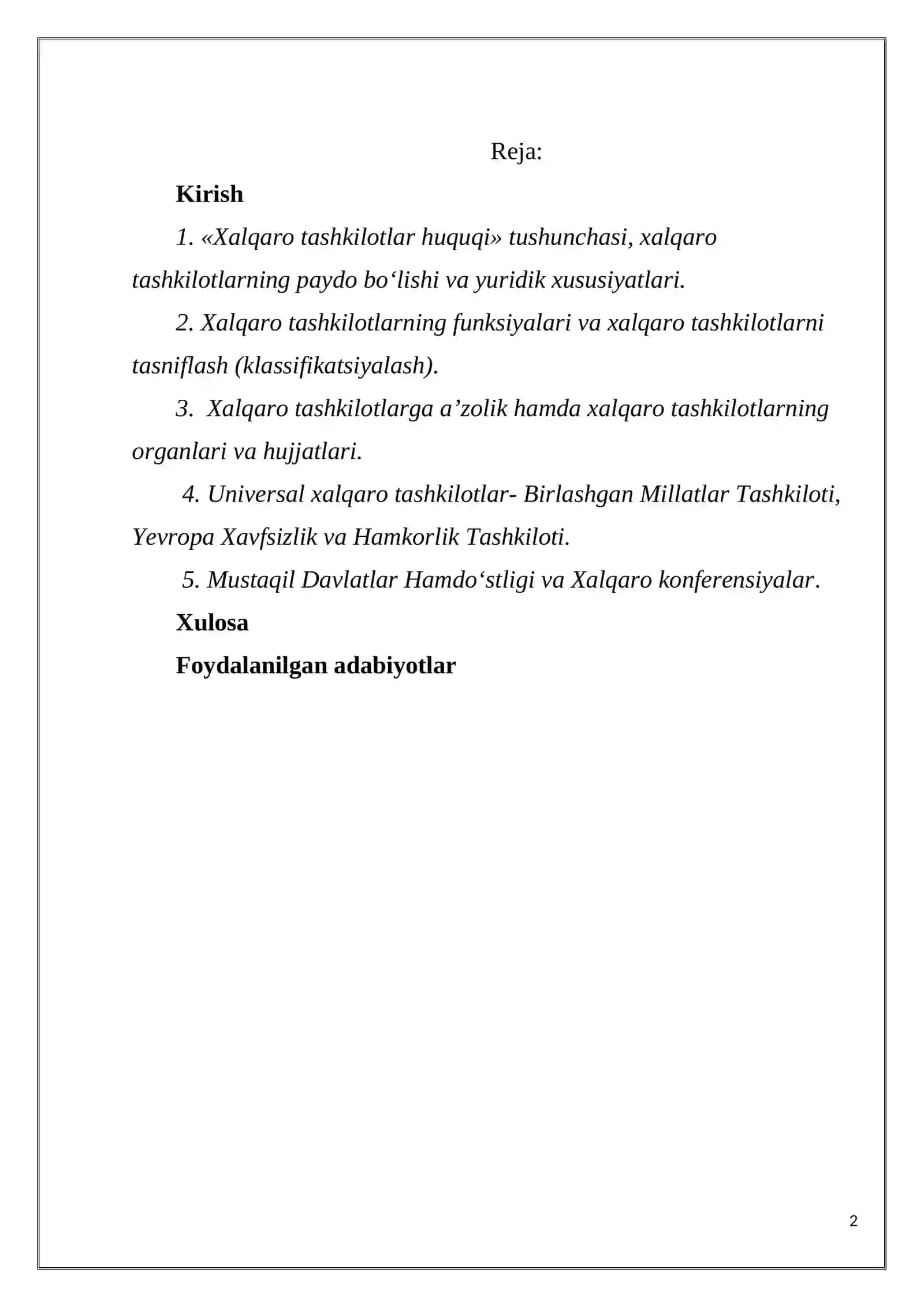 “XALQARO TASHKILOTLARNING ASOSIY FUNKSIYALARI” MAVZUSIDAGI KURS ISHI 2