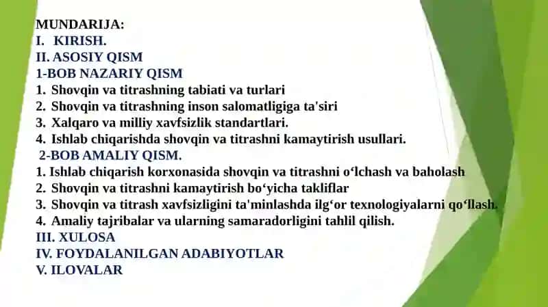 Ishlabchiqarish korxonalaridashovqinvatitrashxavfsizliginita'minlashchora–tadbirlari mavzusidabajargan kursloyihasi 2