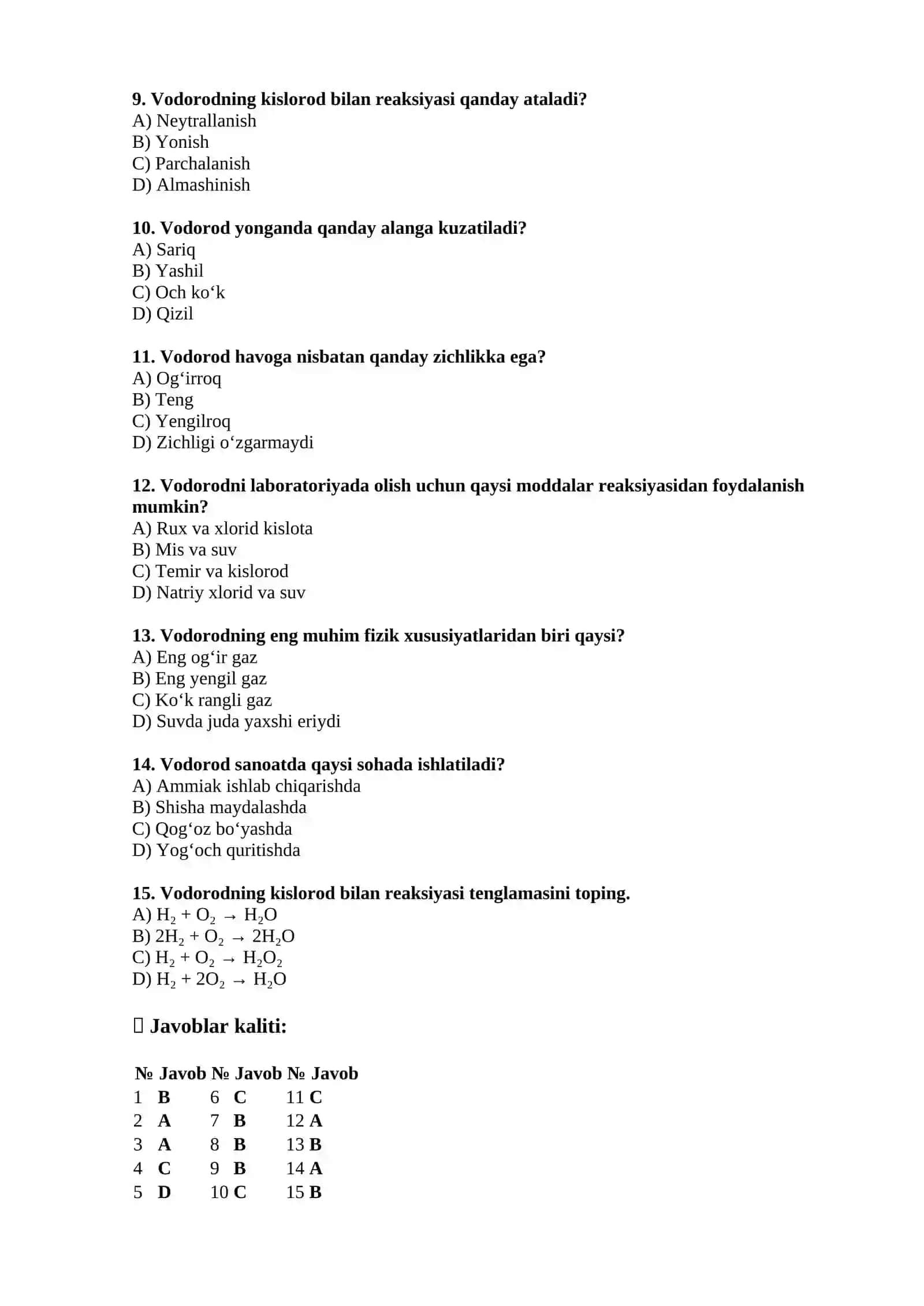 Vodorod mavzusiga 15 talik test 2
