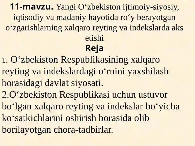 Yangi O‘zbekiston ijtimoiy-siyosiy, iqtisodiy va madaniy hayotida roʻy berayotgan oʻzgarishlarning xalqaro reyting va indekslarda aksetishi 2