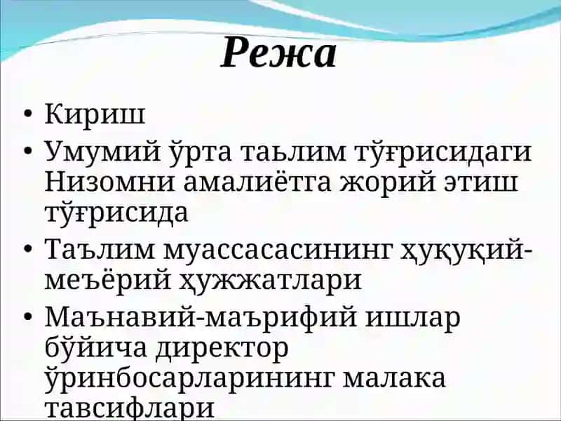 Умумий ўрта таълимни ташкил этиш. Таълим муассасаларини бошқаришда мактаб раҳбарига қўйиладиган талаблар ва уларнинг педагогик имкониятлари. Таълим муассасасининг ҳуқуқий-меъёрий ҳужжатлари. 2