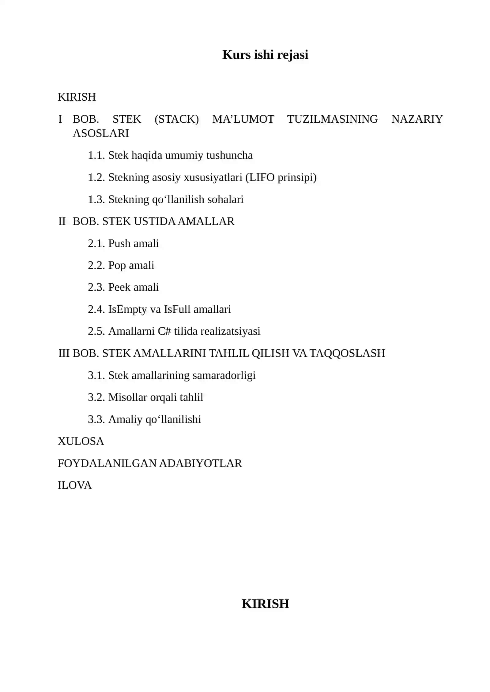 STEK (STACK) USTIDA AMALLAR PUSH, POP, PEEK, ISEMPTY, ISFULL 2