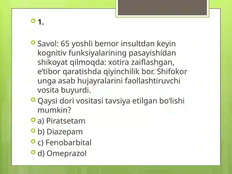 Nootrop vositalar. Analeptiklar. Dofamin va dofaminergik vositalar. Serotonin va serotoninergik vositalar bo’yicha VAZIYATLI MASALALAR 2