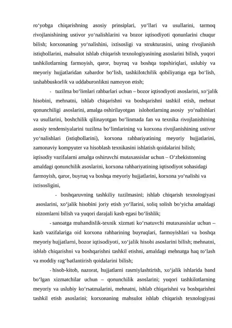Paxta tozalash korxonalari rahbarlari, mutaxassislari va xizmatchilarining malaka tavsifining ma’lumotnomasi 2