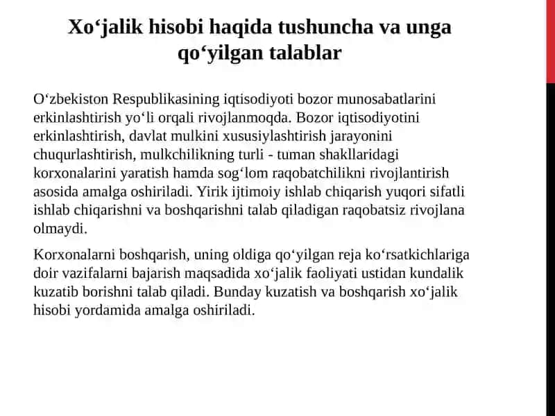 Xo‘jalik hisobi haqida tushuncha va unga qo‘yiladigan talablar 2