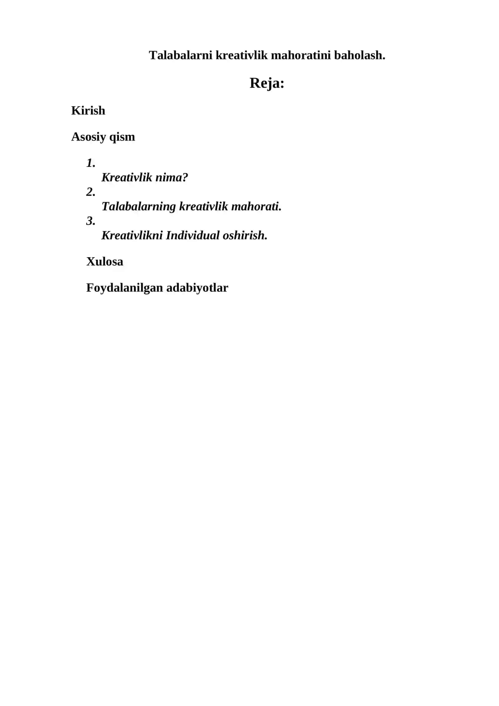 Talabalarni kreativlik mahoratini baholash. 2
