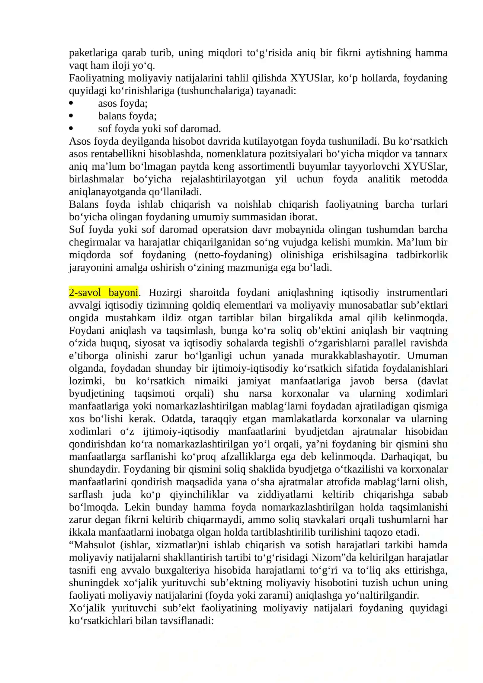 Xo‘jalik yurituvchi sub’ektlarning foydasi va rentabelligi 2