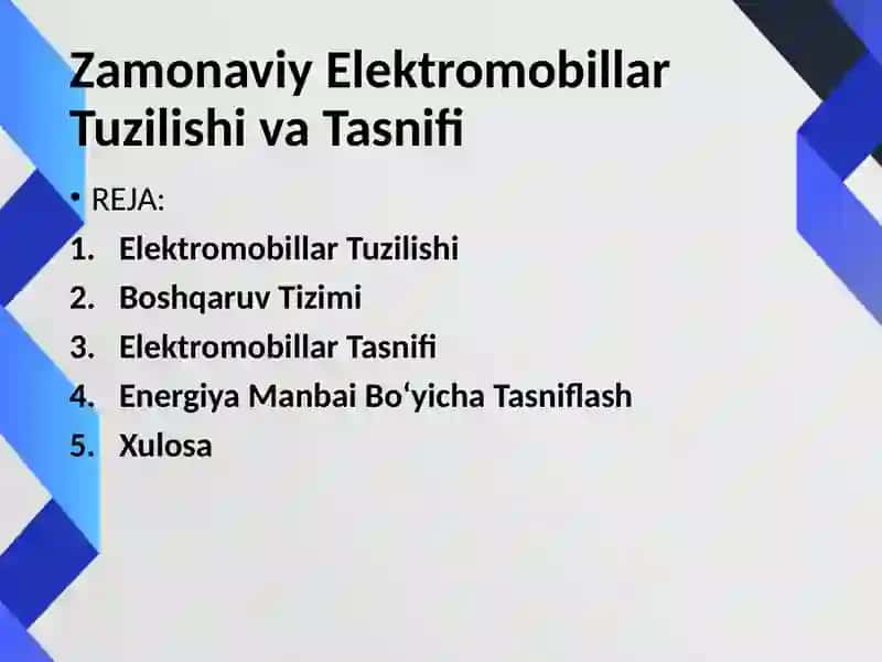 Zamonaviy Elektromobillar Tuzilishi va Tasnifi 2