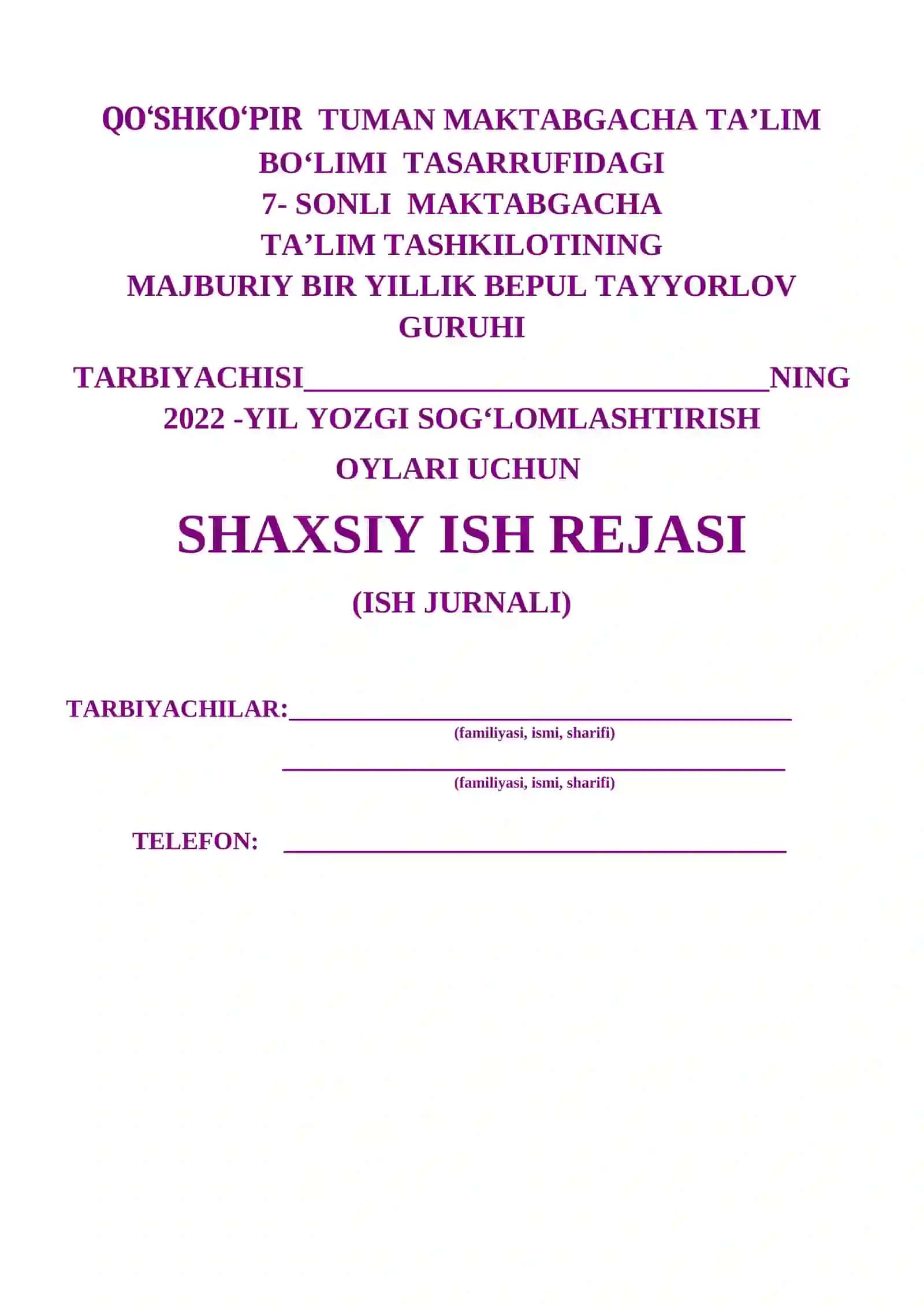 QO‘SHKO‘PIR TUMAN MAKTABGACHA TA’LIM BO‘LIMI TASARRUFIDAGI 7- SONLI MAKTABGACHA 2