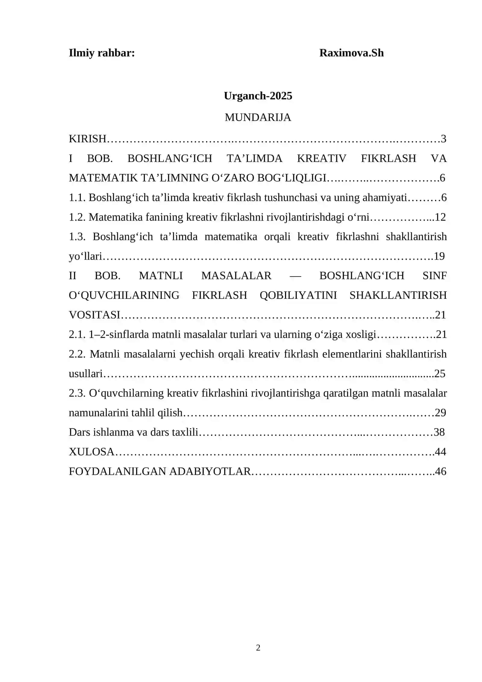 BOSHLANGʻICH 1-2-SINFLARDA MATEMATIKADAN MATNLI MASALALAR YECHISHGA OʻRGATISH OʻQUVCHILAR KREATIV FIKRLASHLARINI SHAKLLANTIRUVCHI OMIL SIFATIDA 2