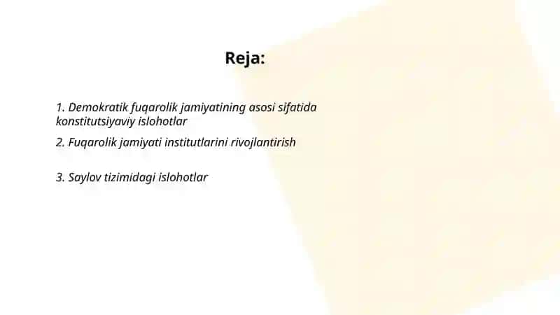 Õzbekistonda demokratik fuqarolik jamiyati, fuqarolik jamiyati asoslarining shakllanishi amalga oshirilgan siyosiy islohatlar 2