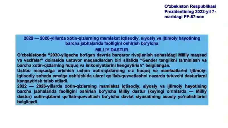 Gendertenglik va barcha xotin-qizlarning huquq va imkoniyatlarini kengaytirish 2