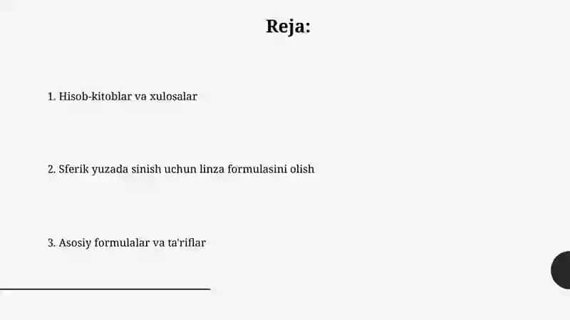 Yoruğlikning sferik sirtda sinishi Linza formulasini keltirib chiqarish 2