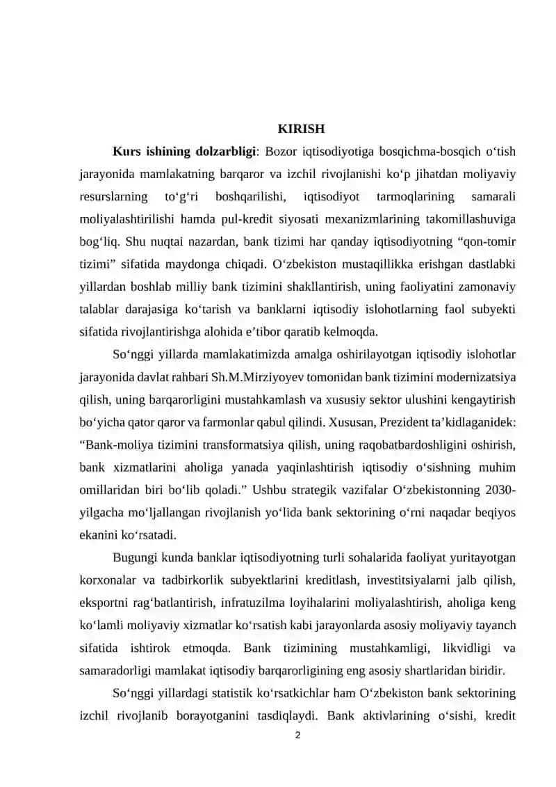 O'zbekistonning ijtimoiy-iqtisodiy rivojlanishida Bank tizimining o‘rni 2