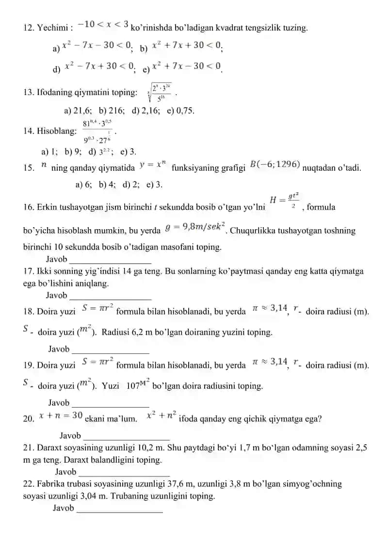 Matematikadan Olimpiada savollari 2