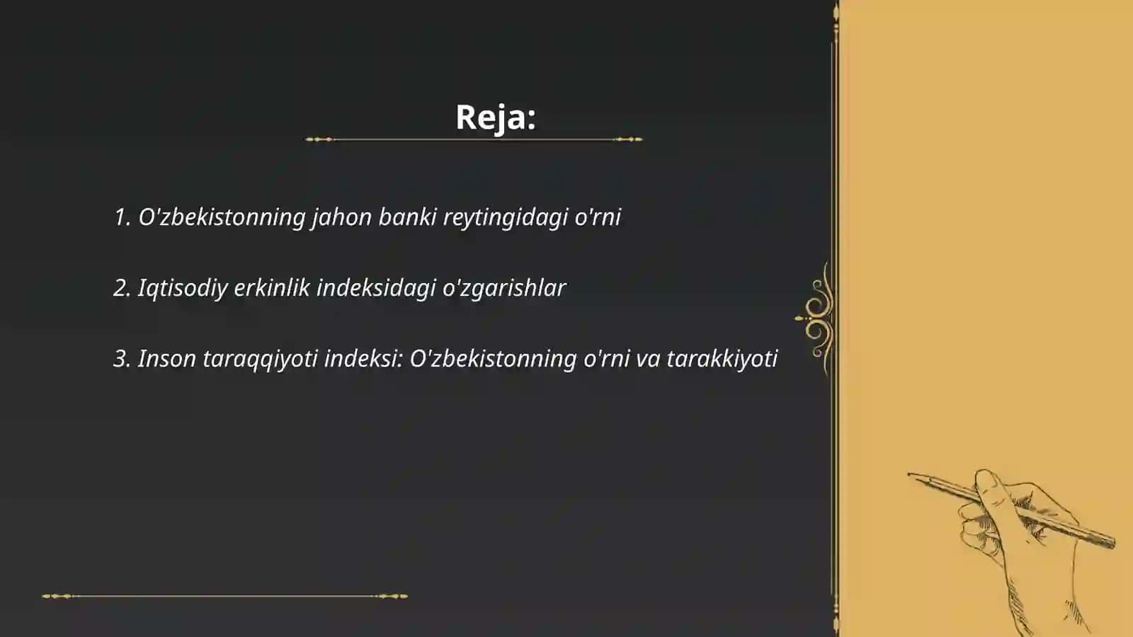 O'zbekiston va jahon hamjamiyati. Yangi o'zbekiston ijtimoiy-siyosiy, iqtisodiy va madaniy hayotida ro'y berayotgan o'zgarishlarning xalqaro reyting va indekslarda aks etishi 2