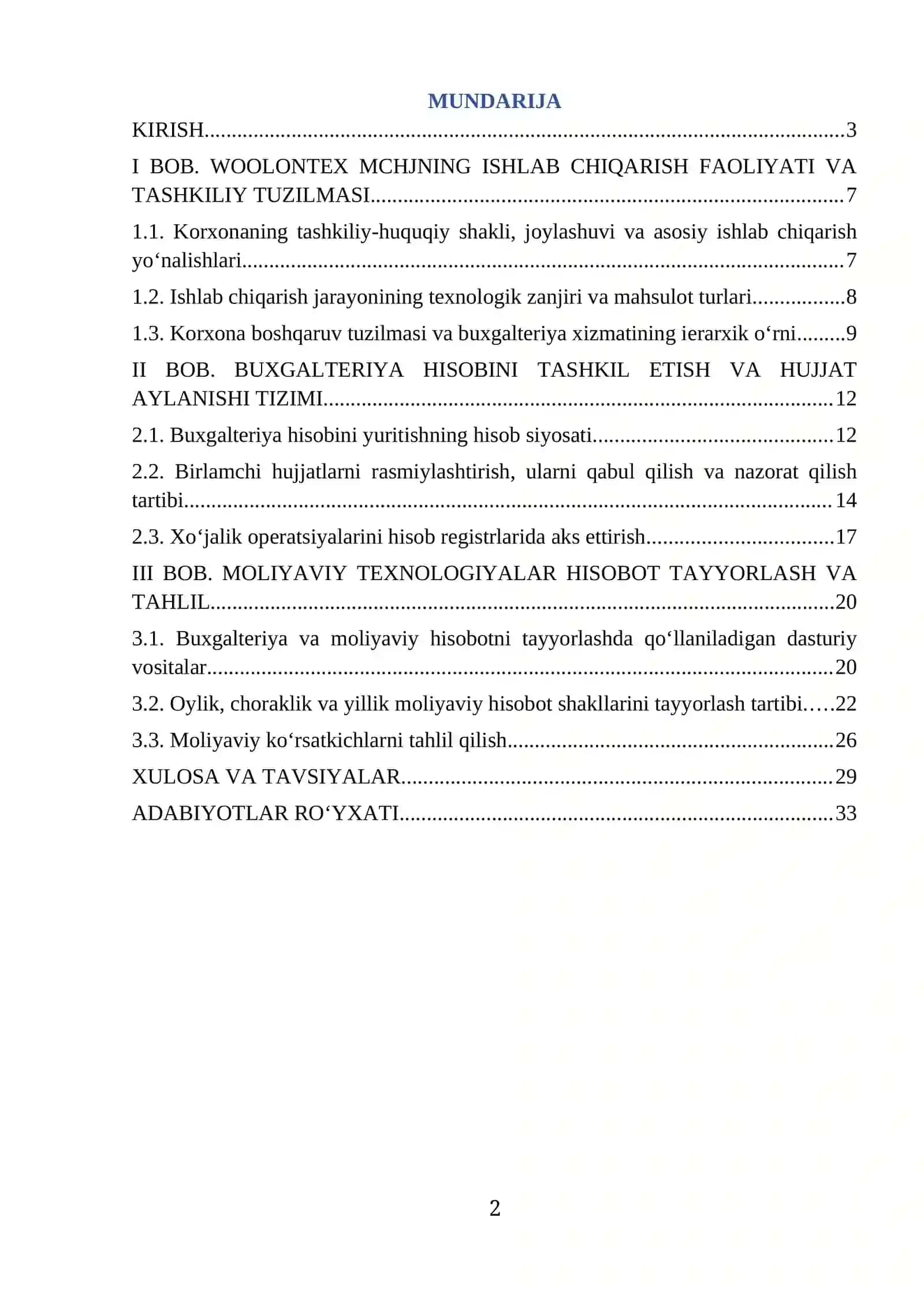 "Woolontex" MCHJ boyicha amaliyot hisoboti. (korxona to‘qimachilik va ipakchilik sohasi) 2