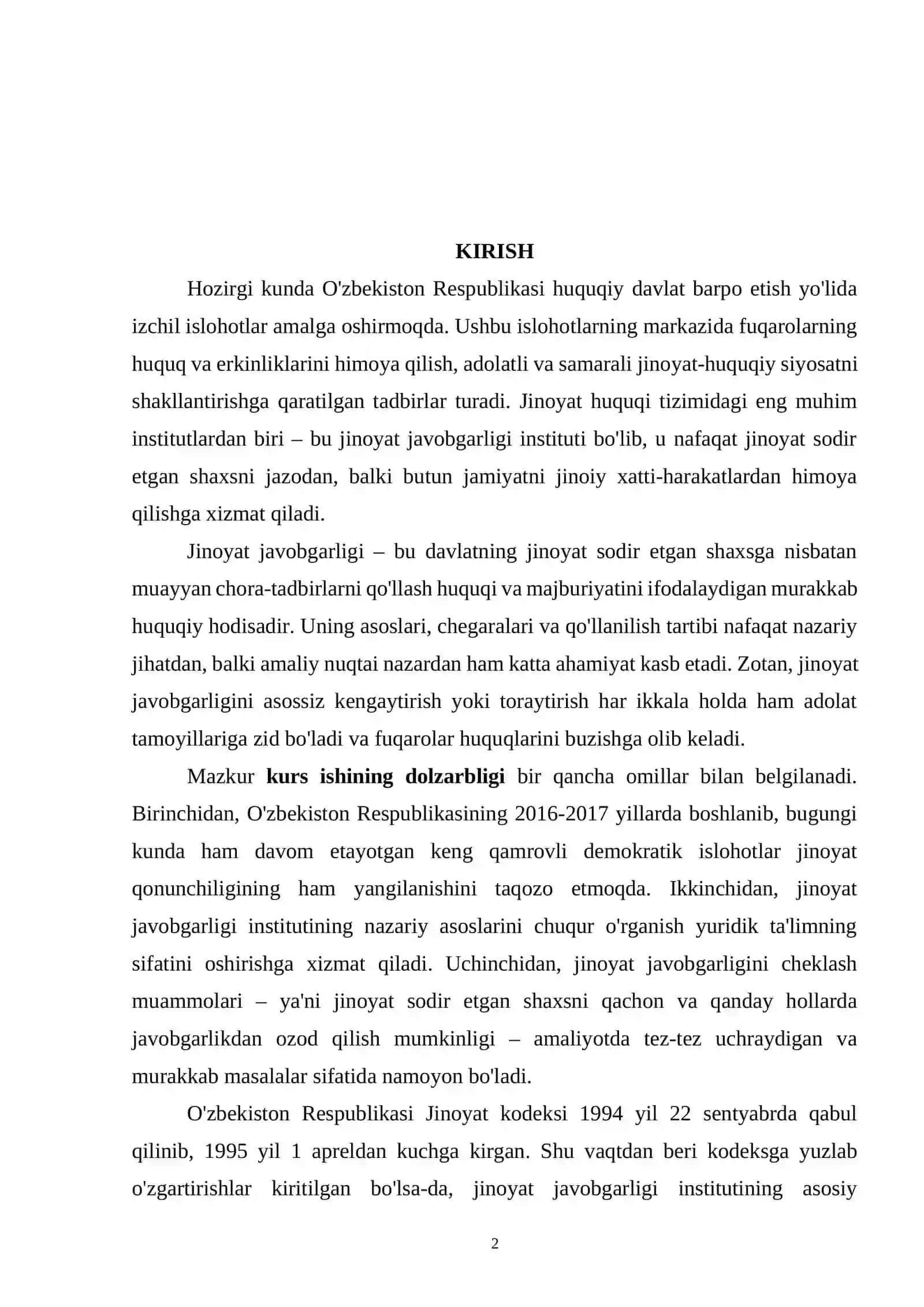 O'ZBEKISTON RESPUBLIKASIDA JINOYAT JAVOBGARLIGINING ASOSLARI VA UNI CHEKLASH MUAMMOLARI 2