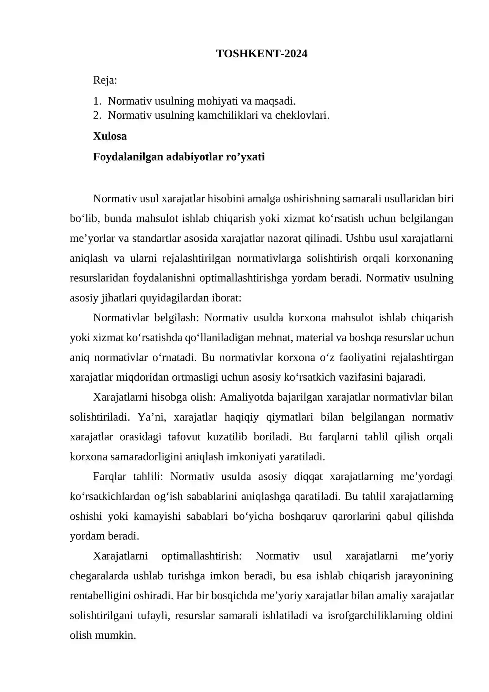 BOSHQARUV HISOBI fanidan “XARAJATLAR XISOBINING NORMATIV USULI” mavzusida MUSTAQIL ISH 2