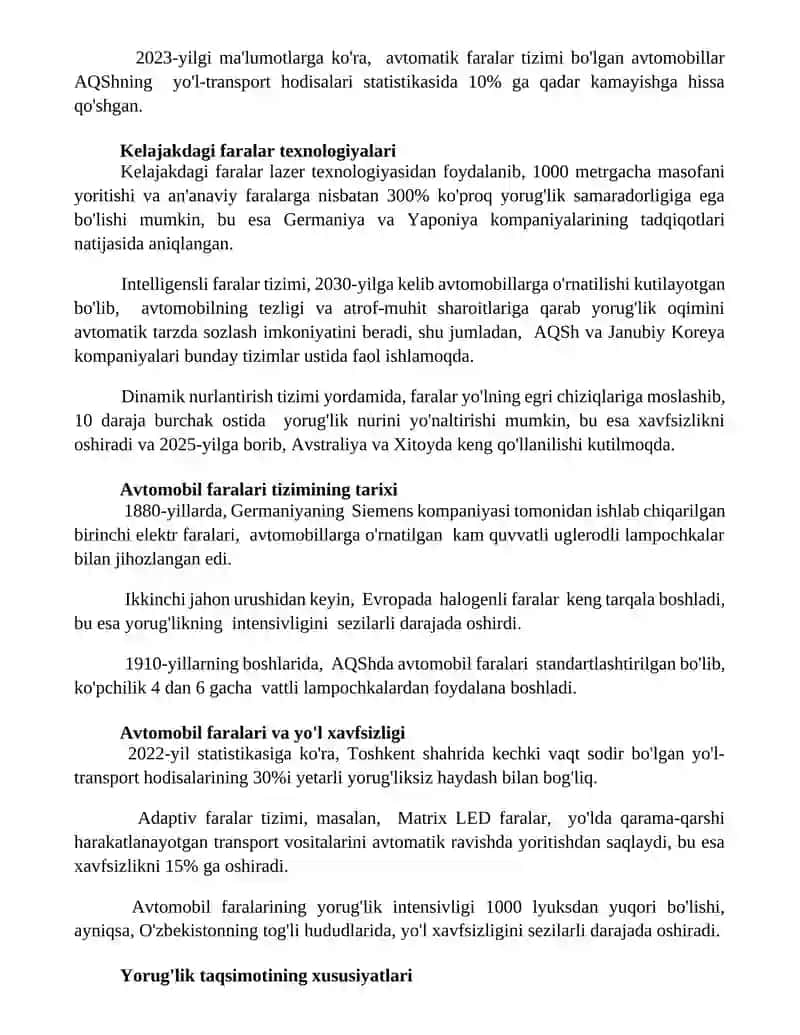Avtomobil tonnelida yoritish tizimi 2