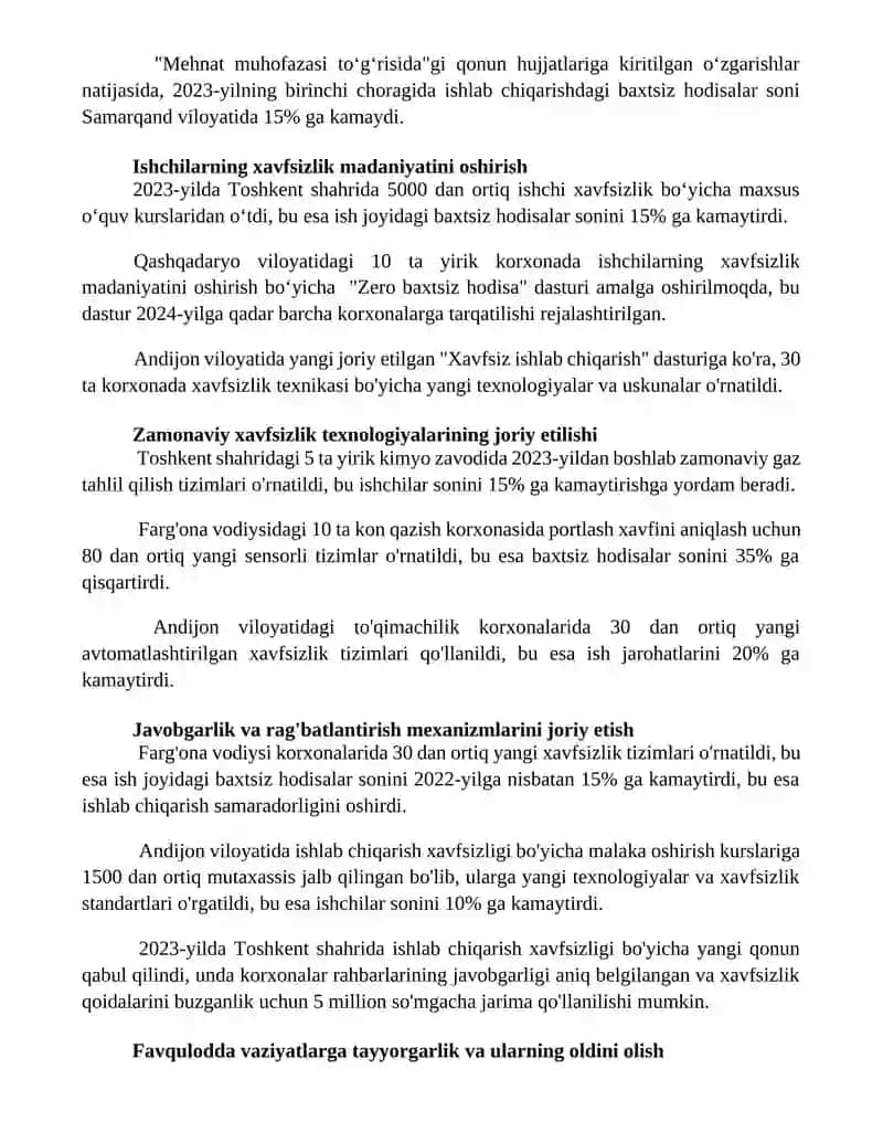 Sanoat xavfsizligini ta'minlash borasida amalga oshirilayotgan islohotlar 2