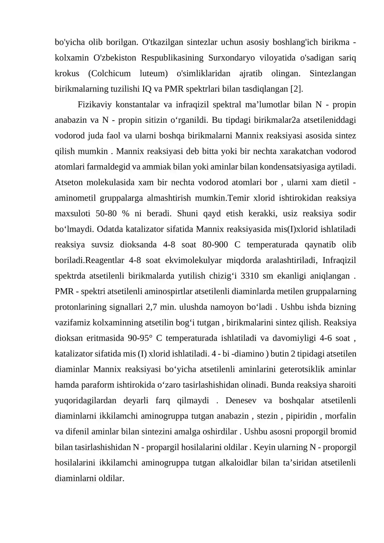Kolxaminning atsetilenli aminlar bilan hosilalari sintezi, tuzilishi va modifikatsiyasi 2