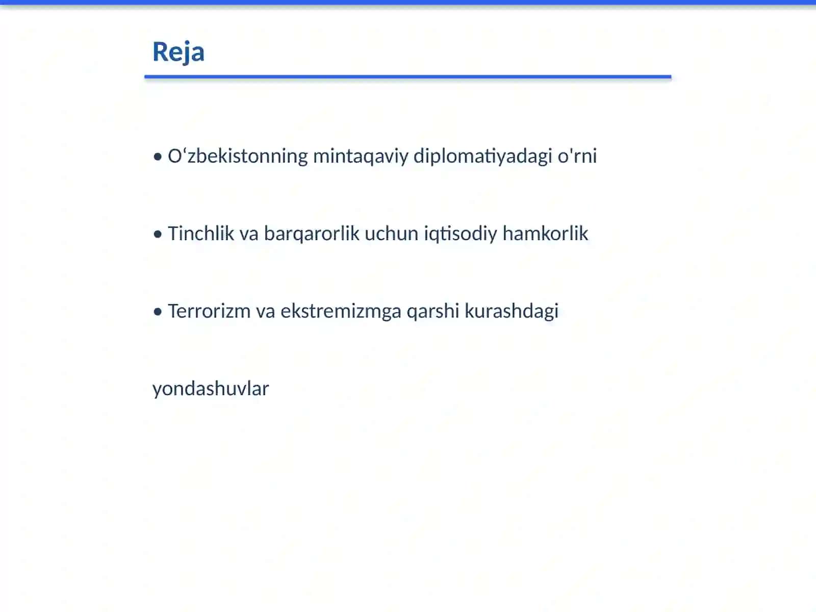 Oʻzbekistonning Markaziy Osiyoda tinchlik va barqarorlikni taʼminlashdagi oʻrni 2