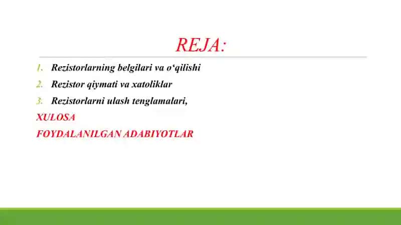 SANOATDA CHIQARILAYOTGAN REZISTRLAR BELGILARINI O'QISH. SANOATDA CHIQARILAYOTGAN REZISTRLAR QIYMATINI XATOLIKLARI. REZISTOR PARALEL VA KETMA-KET ULANGANDAGI TENGLAMALARI 2
