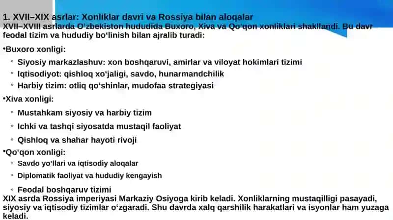 O’zbekistonning davlat chilik tarixi(17-asr davlat chiligidan Yangi O’zbekiston davlat chiligi) 2