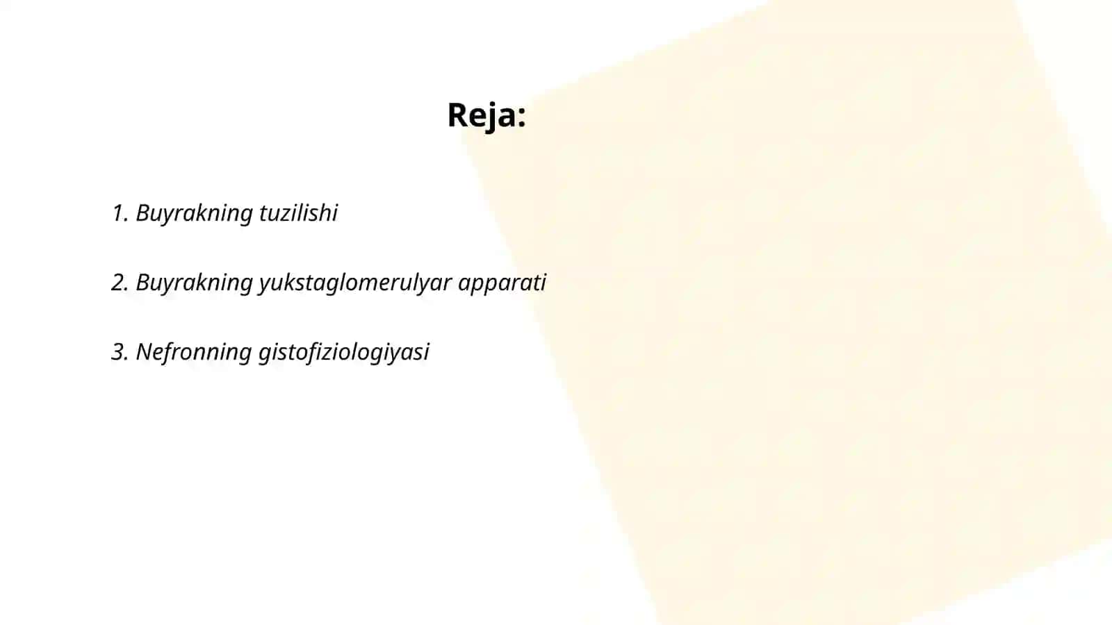 Buyrakning yukstaglomerulyar apparati sitofiziologiyasi. Nefronning gistofiziologiyasi. Buyraklar tuzilishi va regenerator imkoniyatlarining yoshga doir xususiyatlari 2