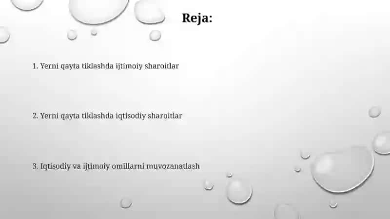 Yer tuzishda xisobga olinadigan iqtisodiy va ijtimoiy sharoitlar 2