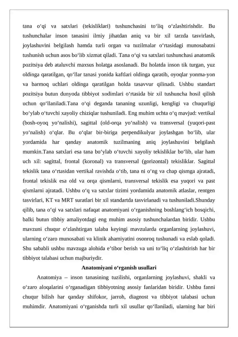 Anatomiyani o‘rganish usullari. Tana o‘qi va satxlari 2
