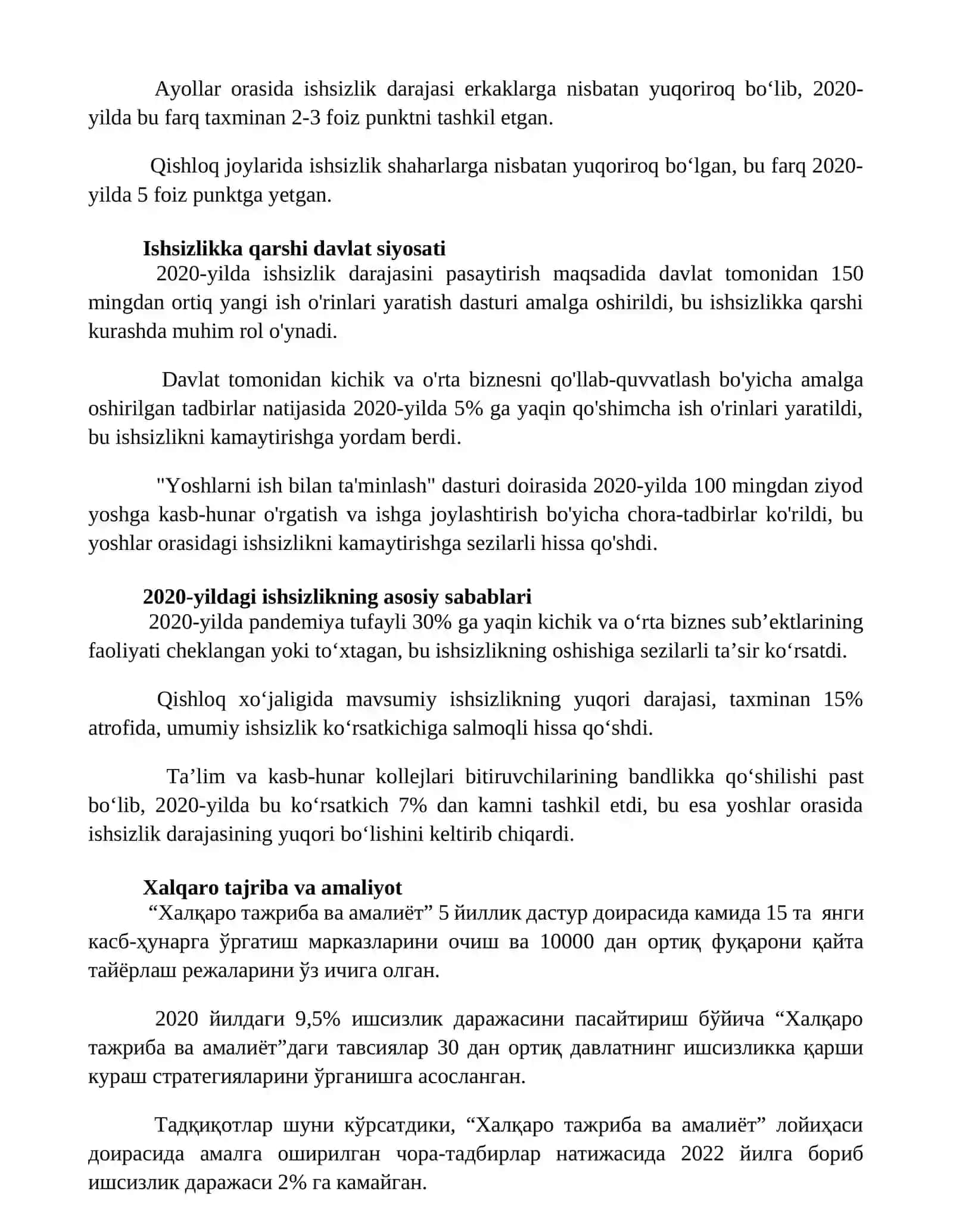 Oʻzbekistonda 2020 yilda ishsizlik 9.5% ni tashkil etdi 2