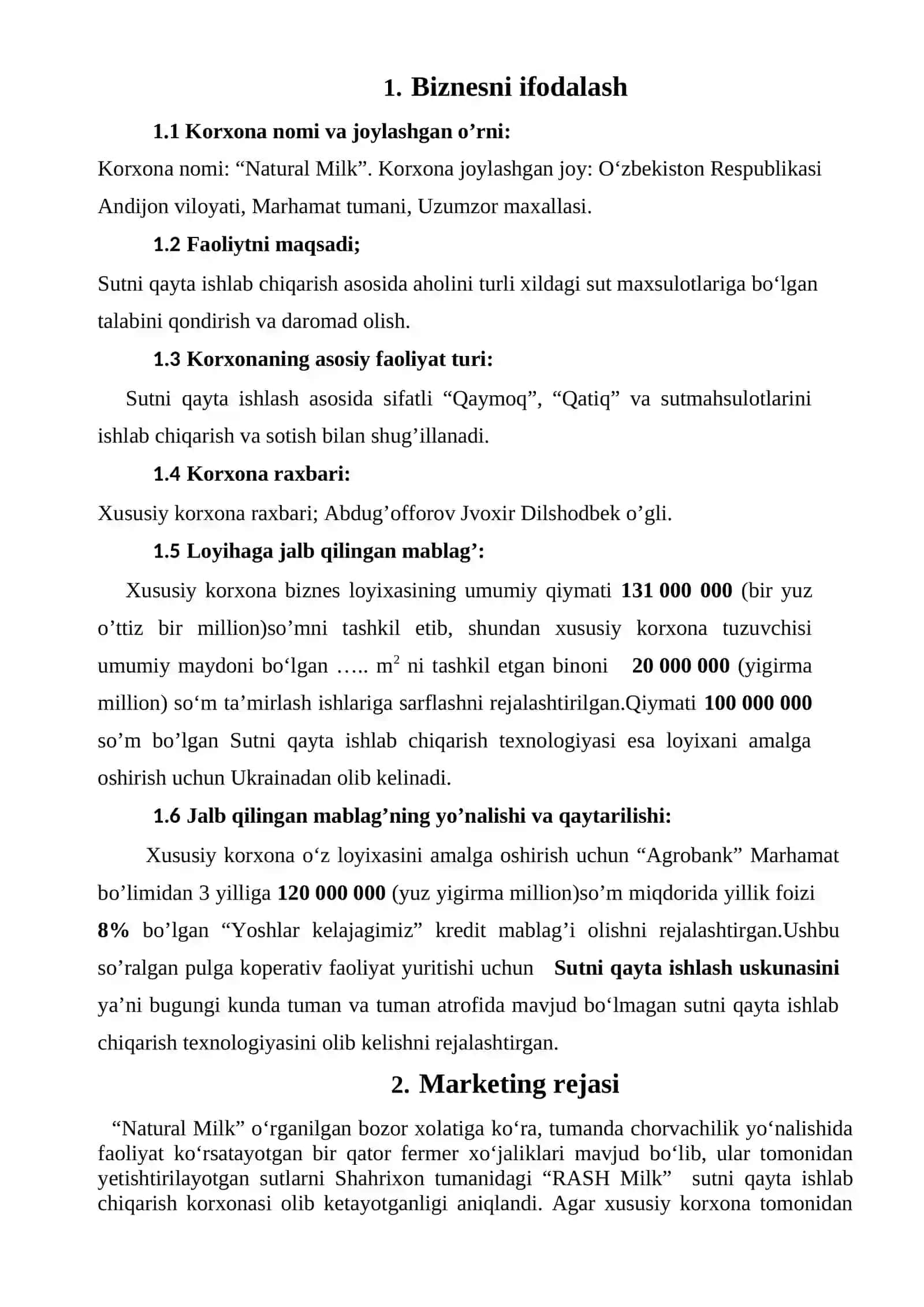 Natural Milk Biznes Rejasi 2