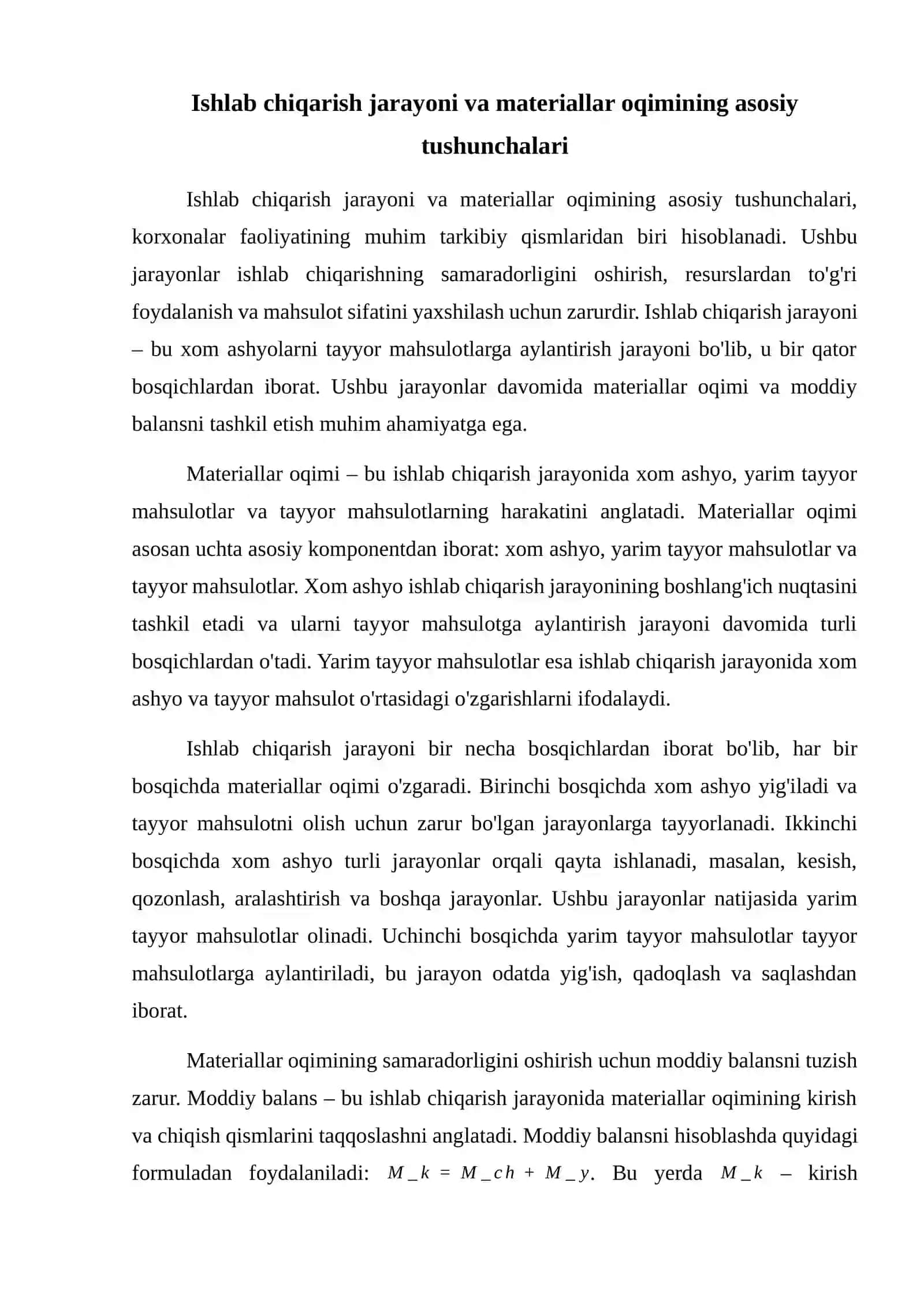 Ishlab chiqarishning va korxonaning materiallar oqim sxemasini va moddiy balansini tuzing 2