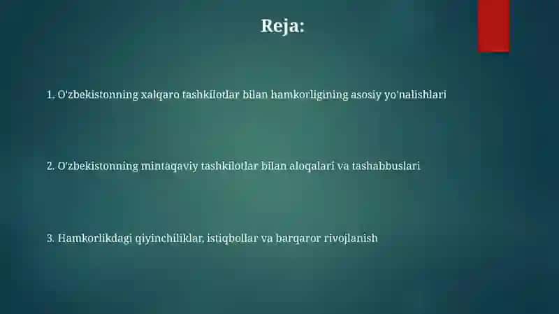 O'zbekistonning xalqaro tashkilotlar bilan hamkorlik 2