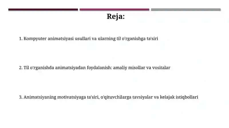 Kompyuter animatsiya usullar va ularni til o’rganishdagi ijobiy ta’siri bo‘yicha taqdimot tayyorlash 2