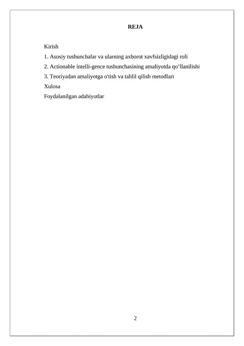 Axborot xavfsizligida  Actionable Intelligence  tushunchasi mustaqil ish 2