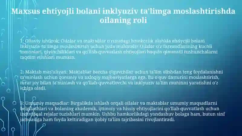 UmumtaʼLim Maktabi Yoki Maktabgacha Tashkilotda Inklyuziv TaʼLim Sharoitida OʻQishga Moslashishida Oila Va Maktabning OʻRni 2
