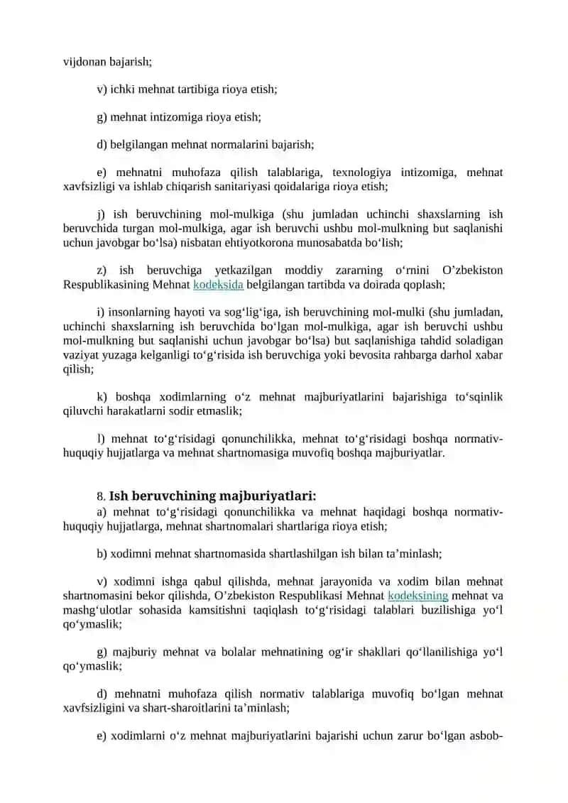 Mehnat shartnomasining namunaviy shakli (Vazirlar Mahkamasining 758-son qarori bilan tasdiqlangan) 2