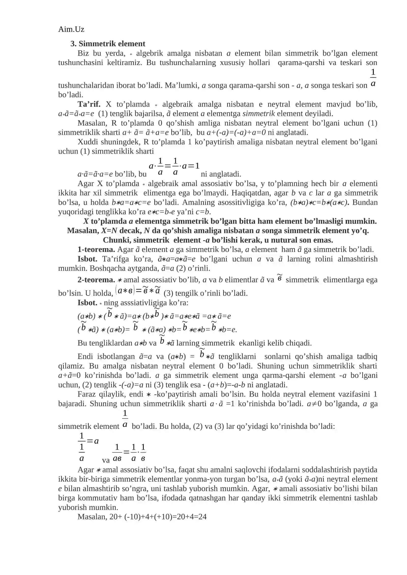 Algebraik amalga nisbatan neytral, yutuvchi va simmetrik elementlar 2