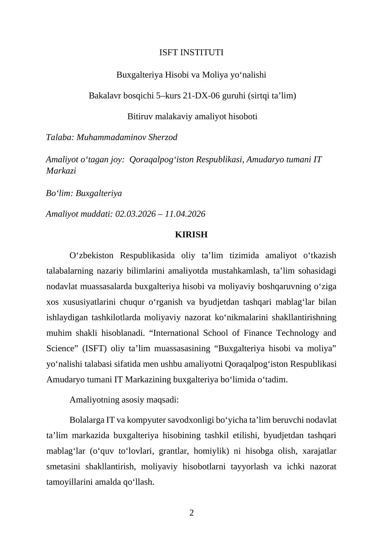 "IT MARKAZI" BITIRUV MALAKAVIY AMALIYOT HISOBOTI 2