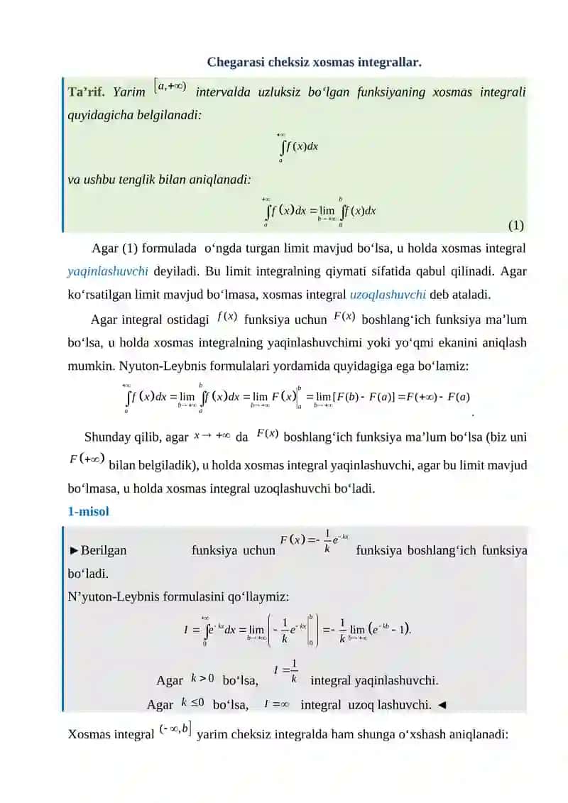 Xosmas integrallarning yaqinlashish alomatlari 2