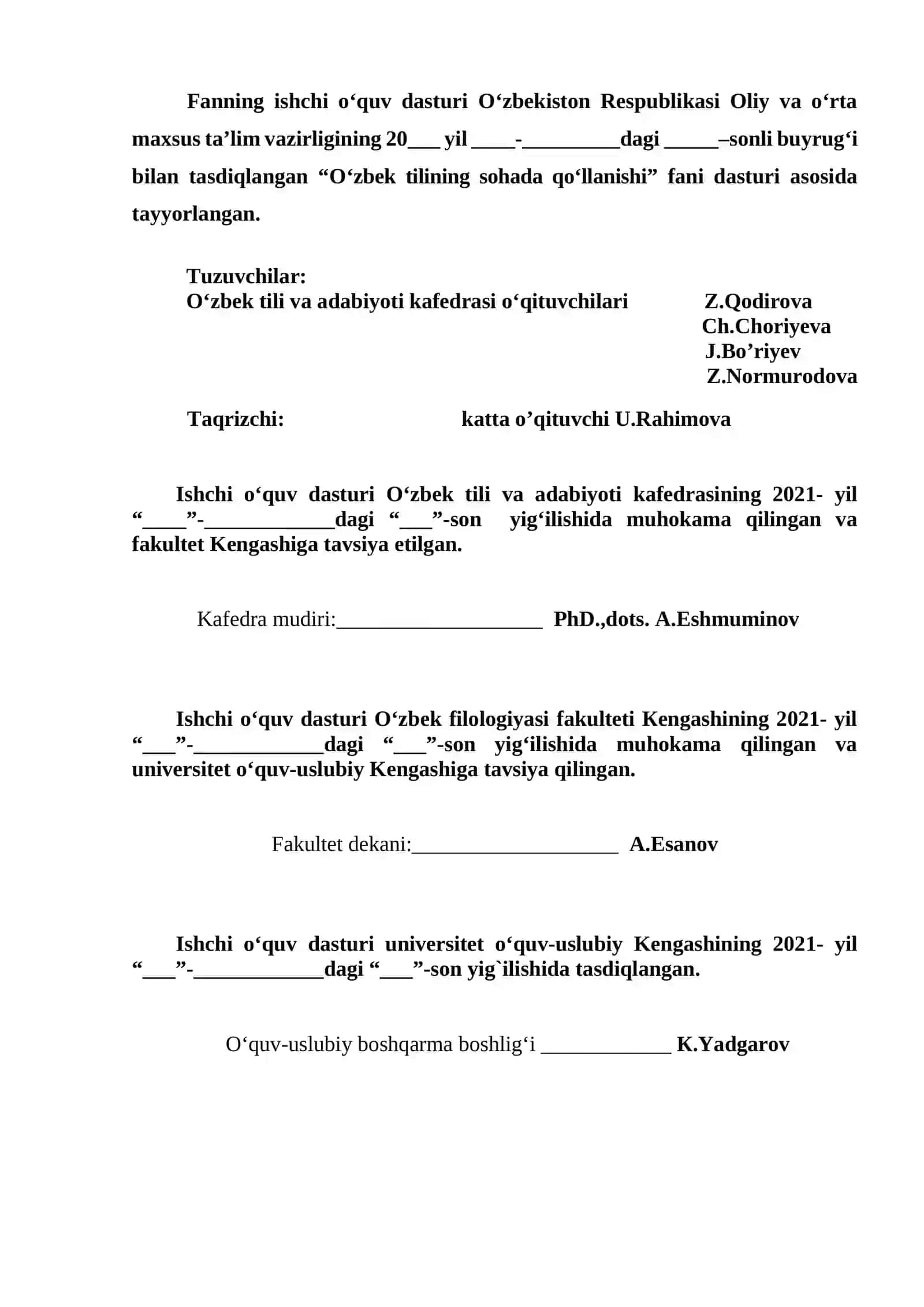 O‘ZBEK TILINING SOHADA QO’LLANISHI fanidan ISHCHI O‘QUV DASTURI 2