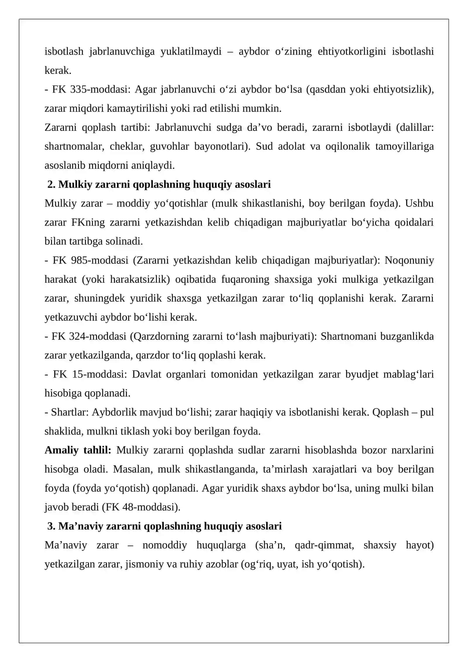 Mulkiy va ma’naviy zararni qoplashning huquqiy asoslari 2