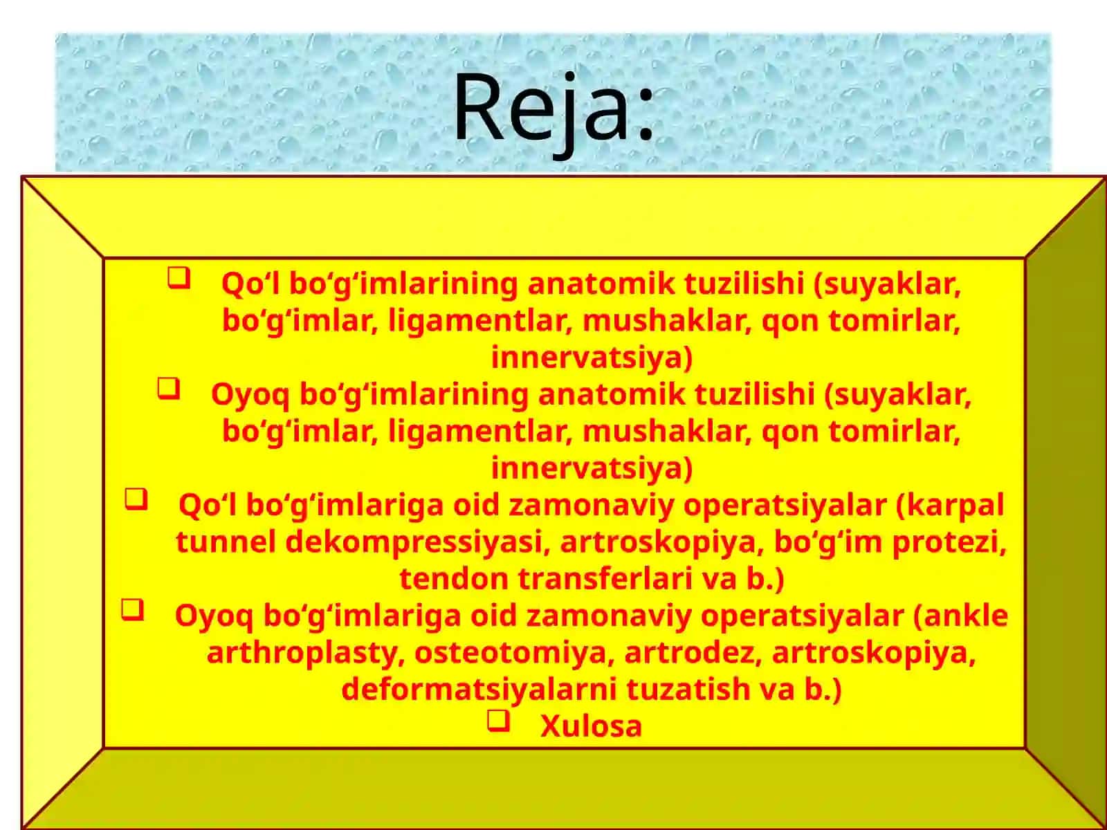 Operativ xirurgiya va topografik fanidan Qo‘l va oyoq bo‘g‘imlari klinika anatomiyasi va ulardan bajariladigan zamonaviy opertsiyalar 2
