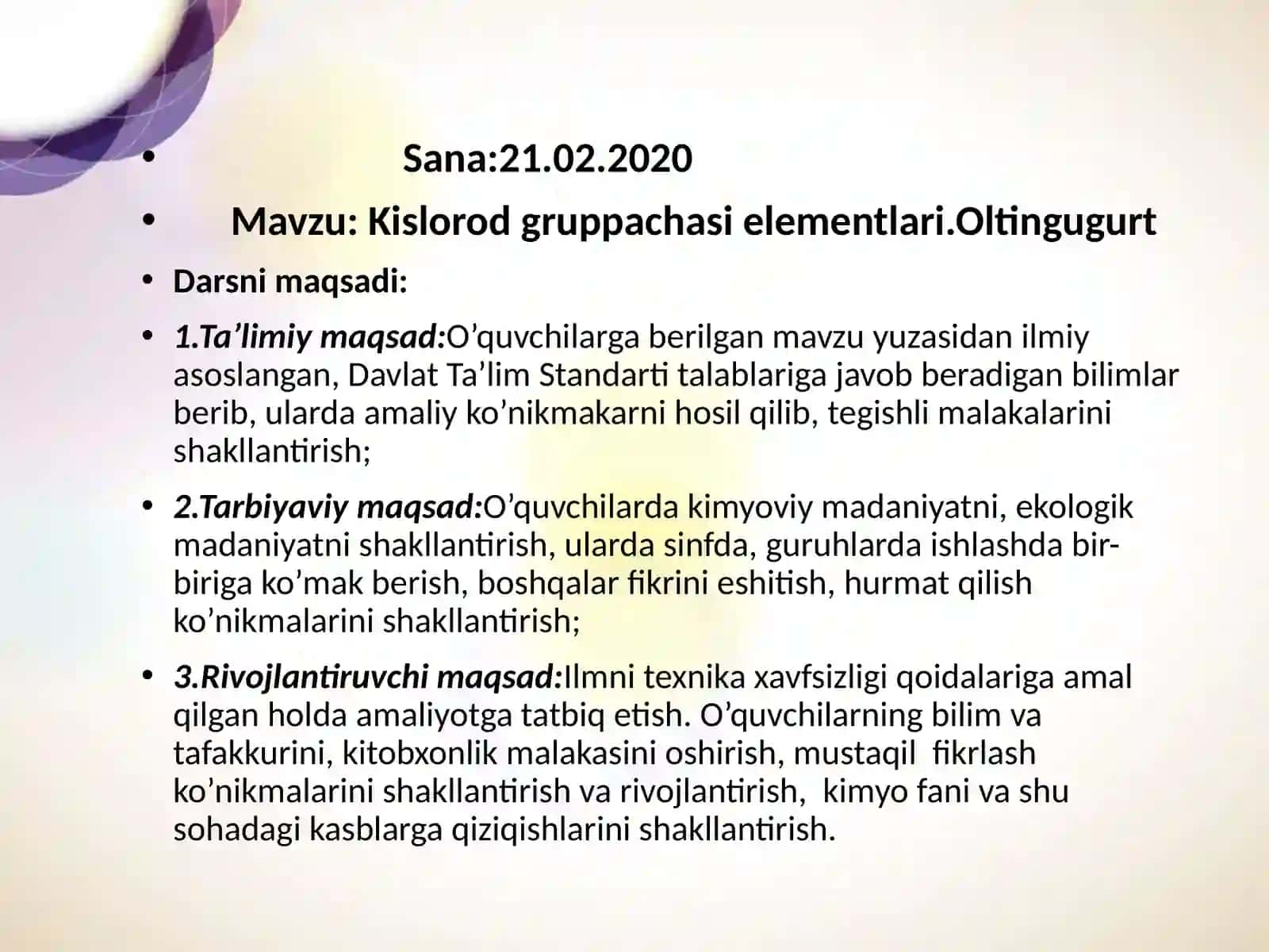 Kislorod gruppachasi elementlari.Oltingugurt 2