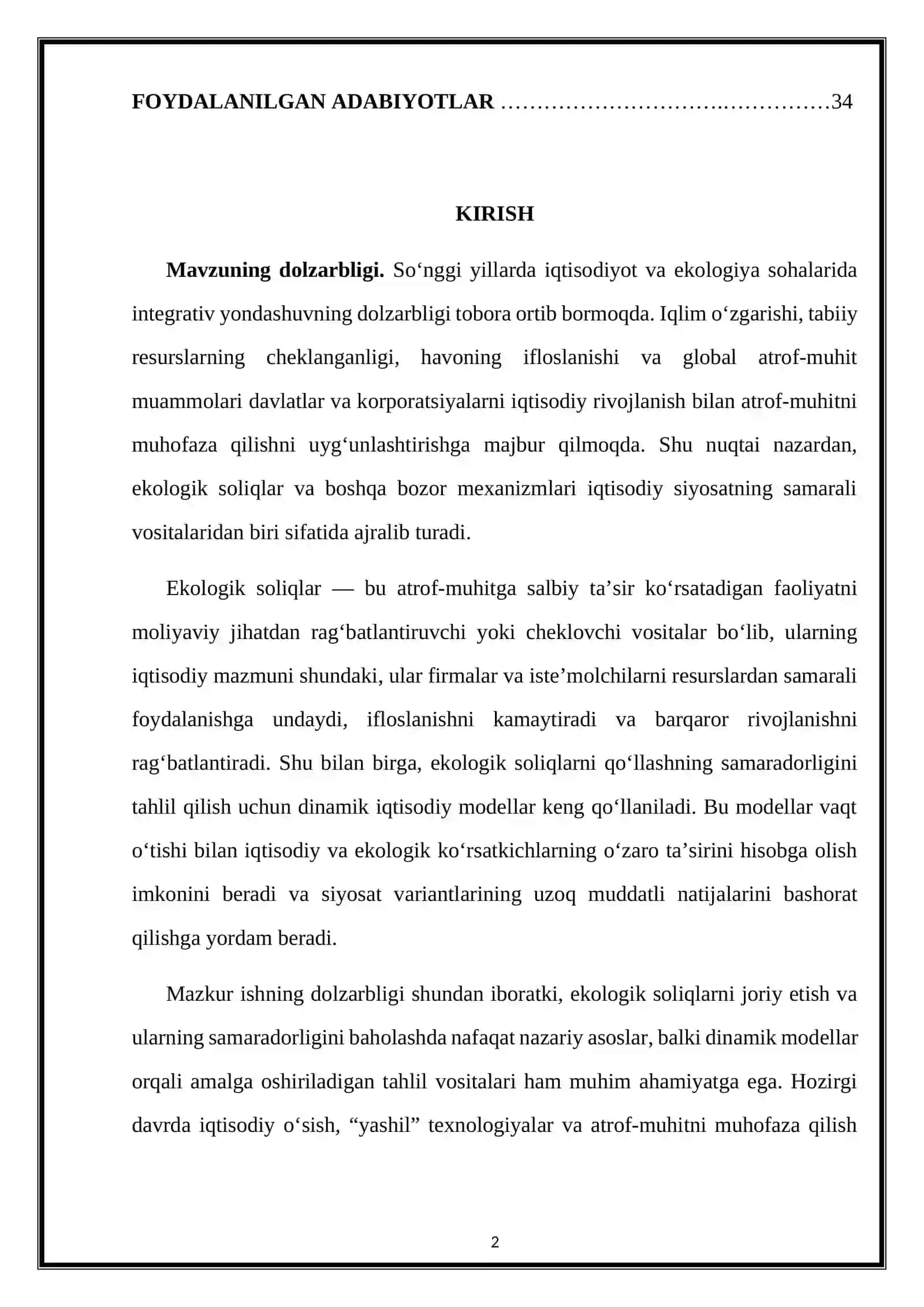 DINAMIK MODELLARDA EKOLOGIK SOLIQLAR VA YASHIL O’SISH 2